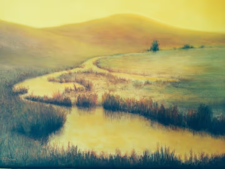 A pencil and pastel drawing of a foggy marsh.