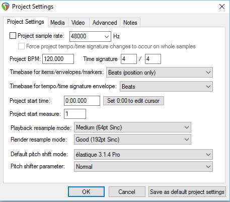 Reaper project settings