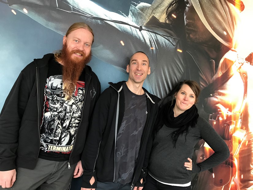 Andreas Almstrรถm, Bence Pajor and Mari Saastamoinen Minto from the Battlefield 1 sound team