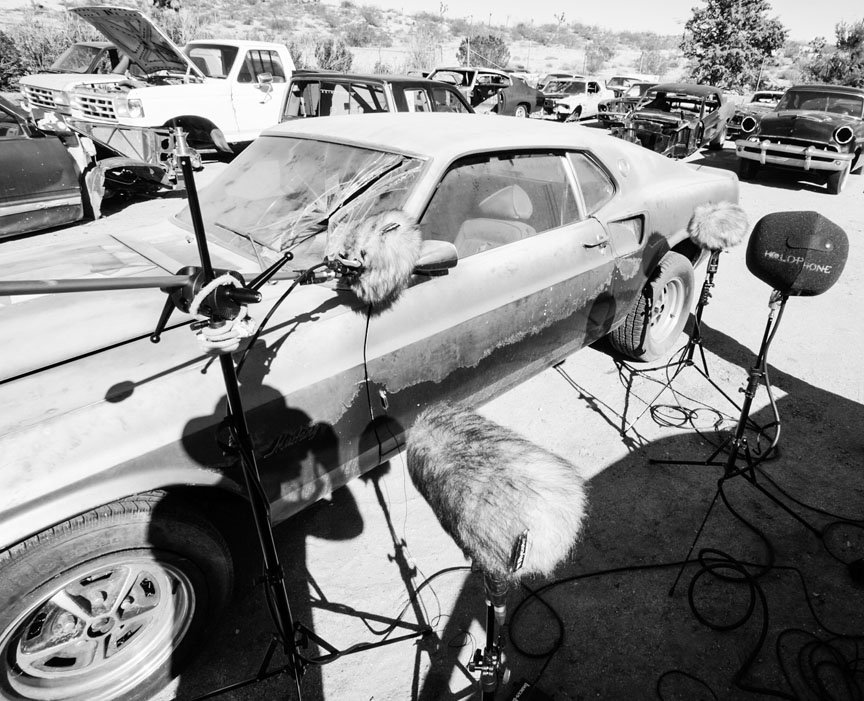 Mics are set up to record the Mustang graveyard.