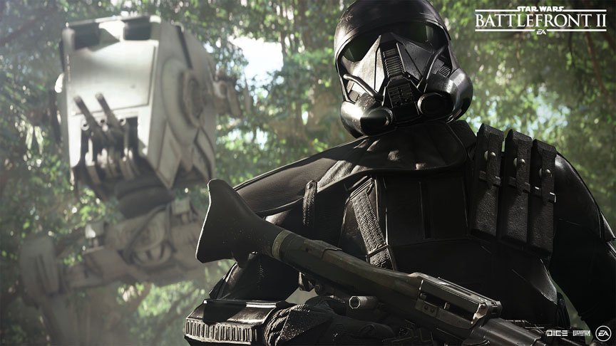 A death trooper stands before an AT-AT walker on Endor