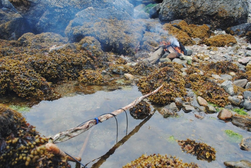 A campfire burns while the hydrophone mics capture sounds from a puddle.