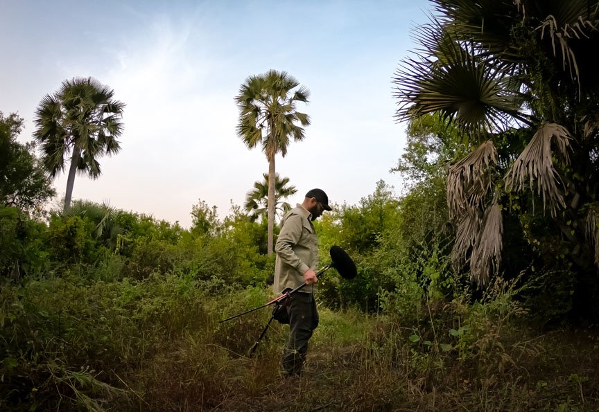 George Vlad faces his boom mic toward the ground in a dense forest.
