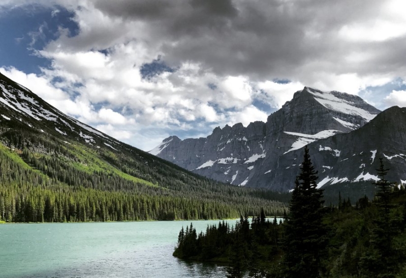 Pines trees outline a river leading to a mountain range.