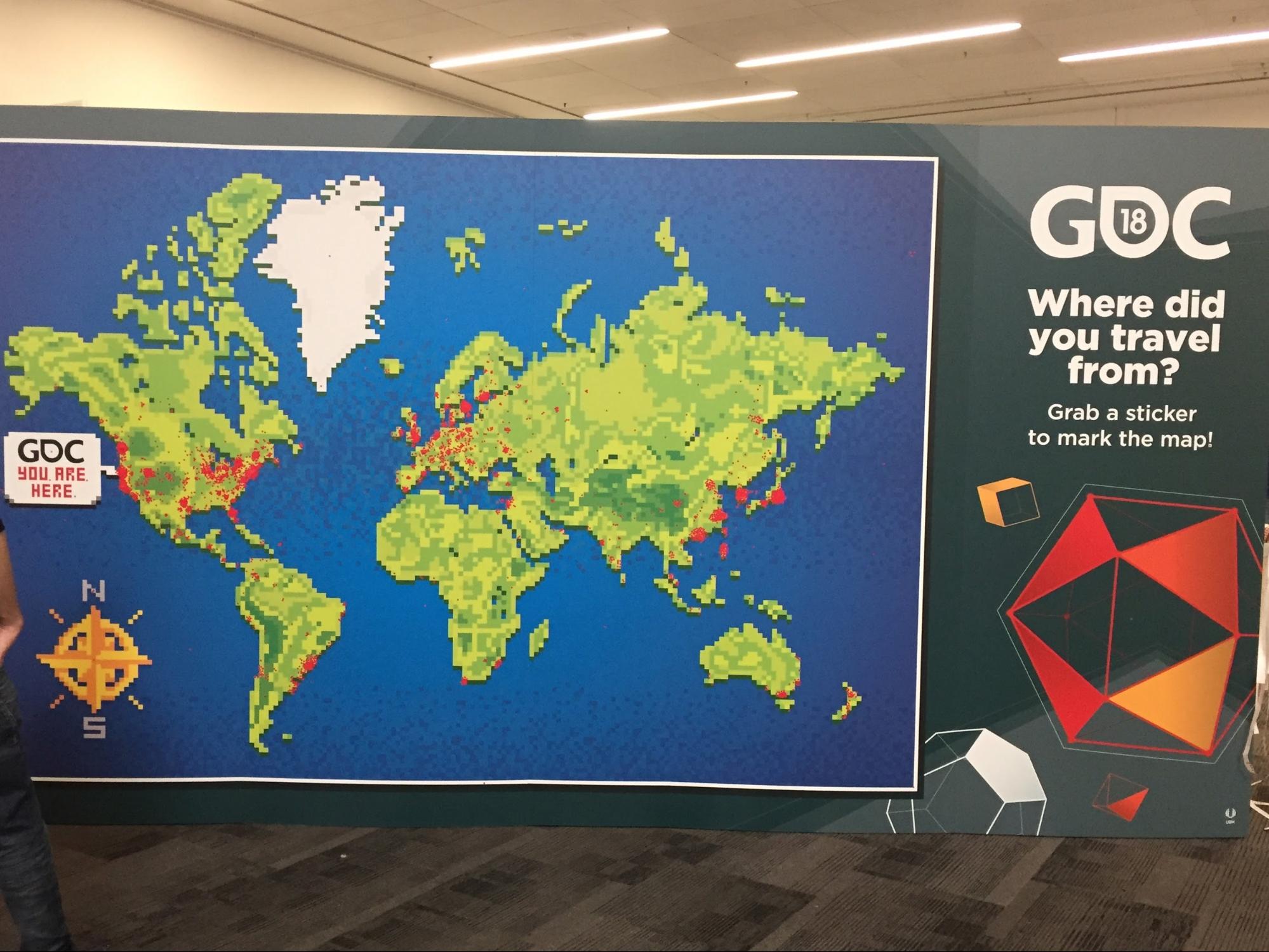 An 8-bit stylized map shows that attendees have traveled from around the world.