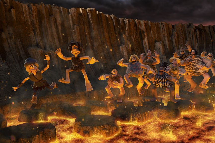 Cavemen hop on hot stones to avoid the lava.