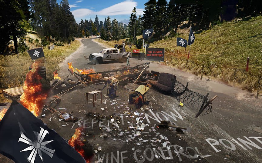 The Edenโs Gate checkpoint sits in flames as religious flags hang high.