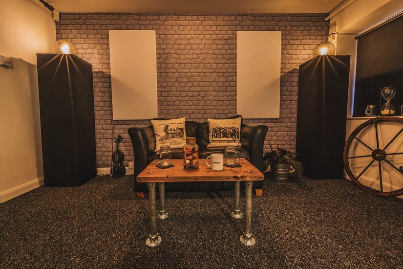 The sitting area of the studio