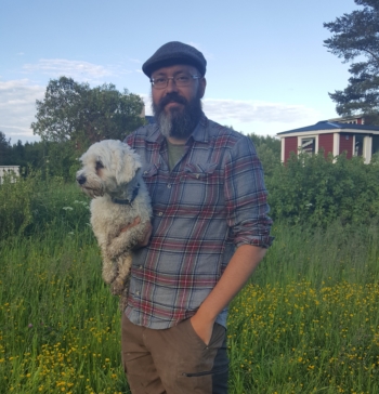 Hakan Dalsfelt and Svante one of Coldwoods office dogs