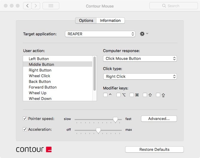 Reaper settings for the Contour mouse