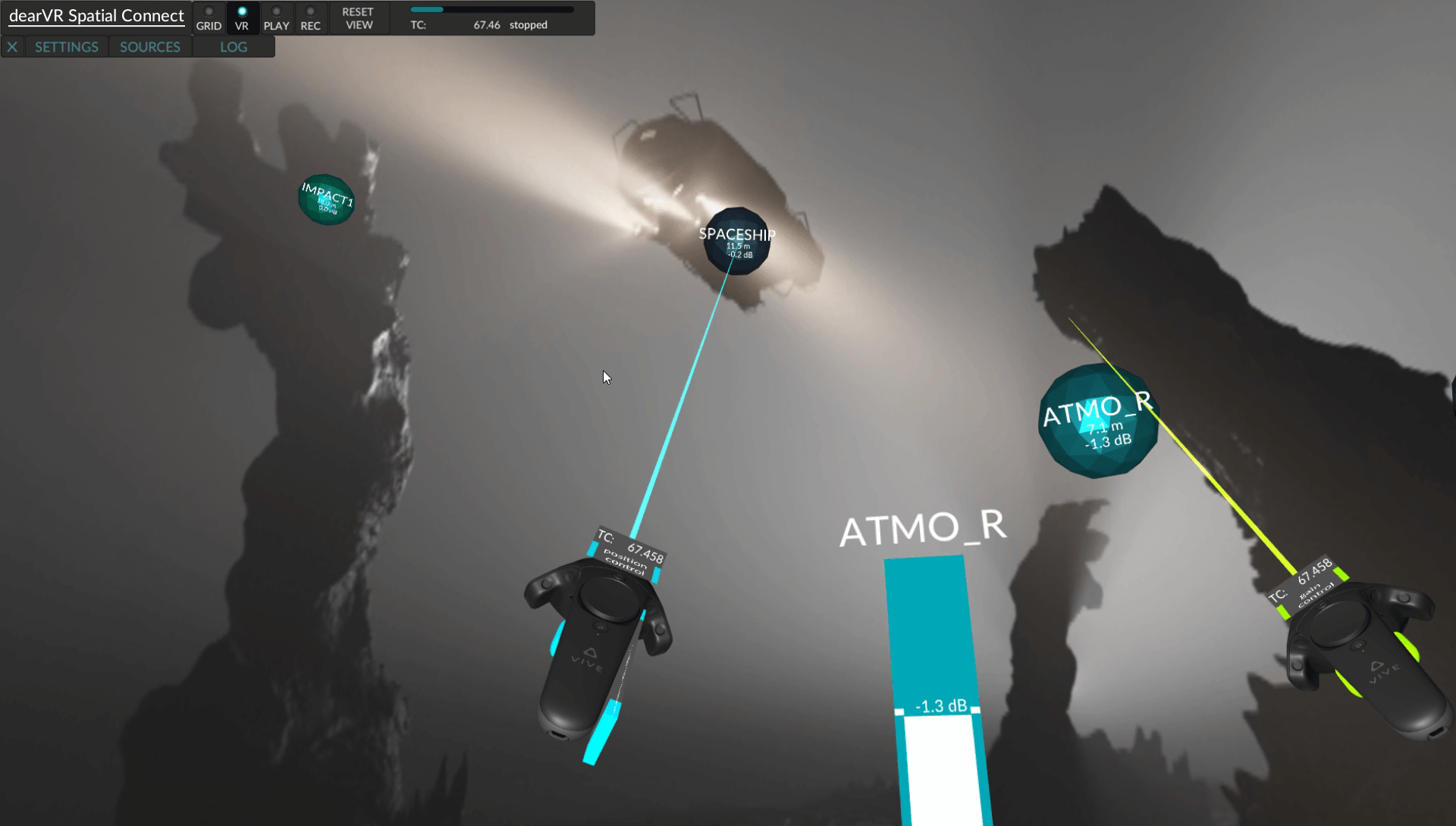 A virtual controller raycasts a reverb zone on a spaceship in Unity.