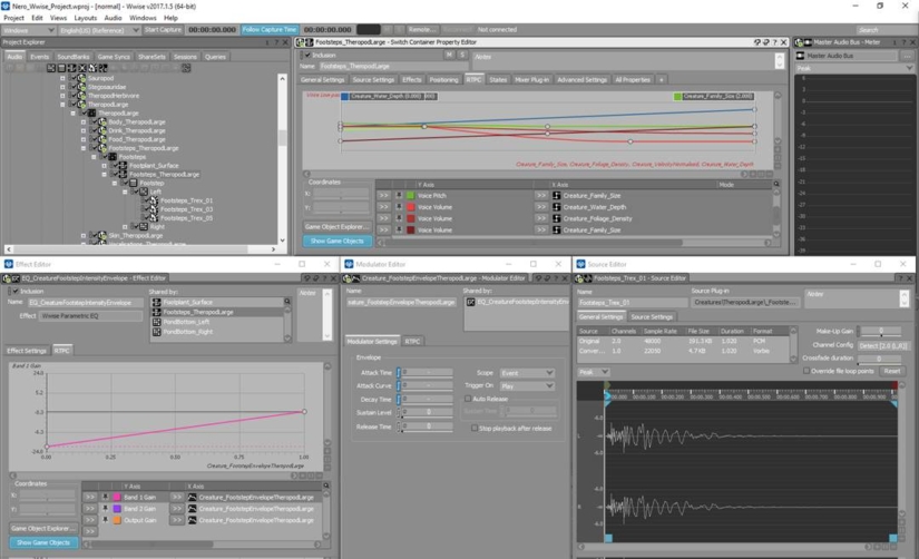 Wwise RTPC parameters for pitch, volume, water depth, family size, etc.
