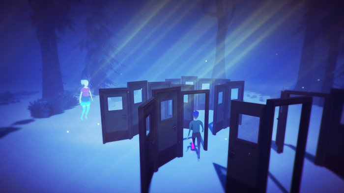 The characters walk through a series of doors