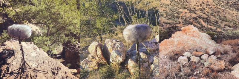 A mic on a stand sits next to a recording area for smashing rocks