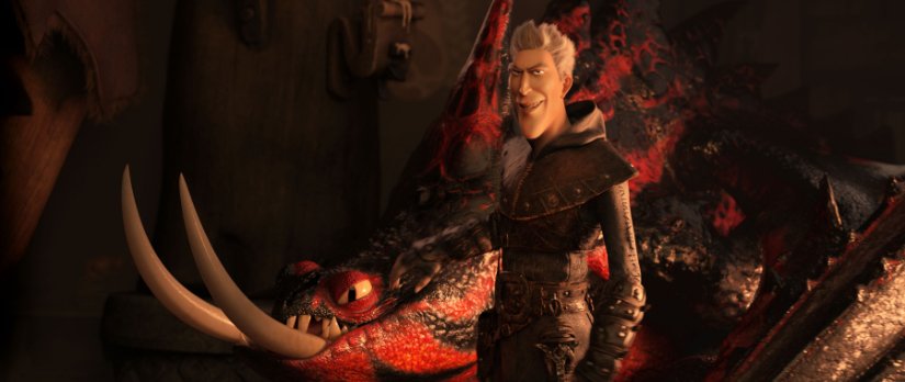 A man with grey hair and an evil smile stands next to a black and red dragon with large tusks.