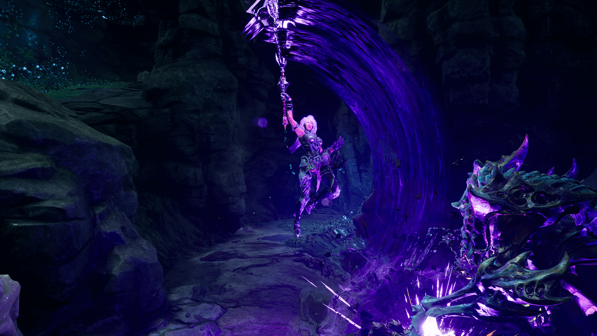 Fury majestically swings her hammer skyward, bathed in a purple glow, as her enemy cowers.