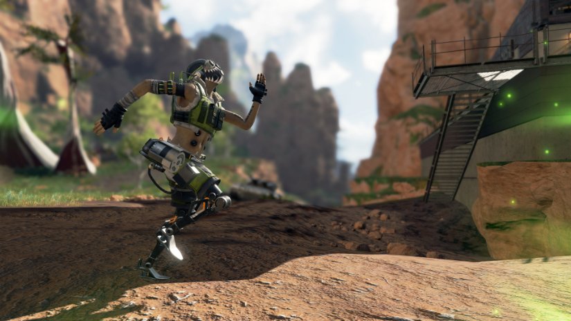 A soldier with mechanical legs sprints across the battlefield.