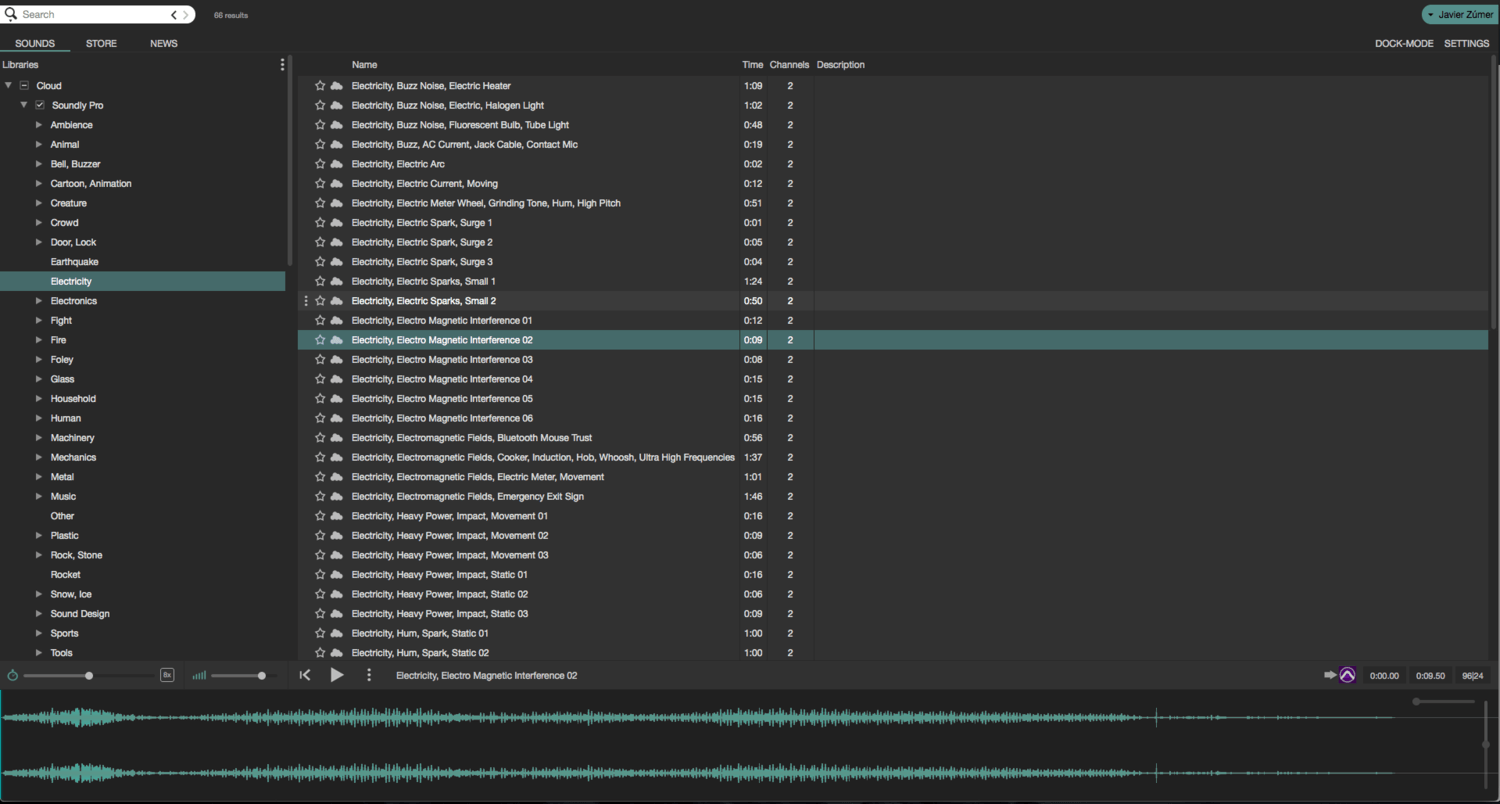 Soundly shows 66 results for sounds of electricity