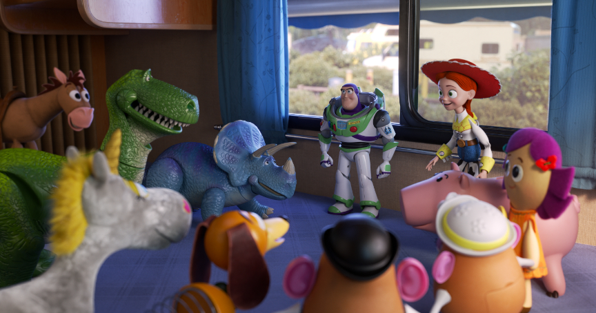 Buzz and Jessie gather with the other toys at home.