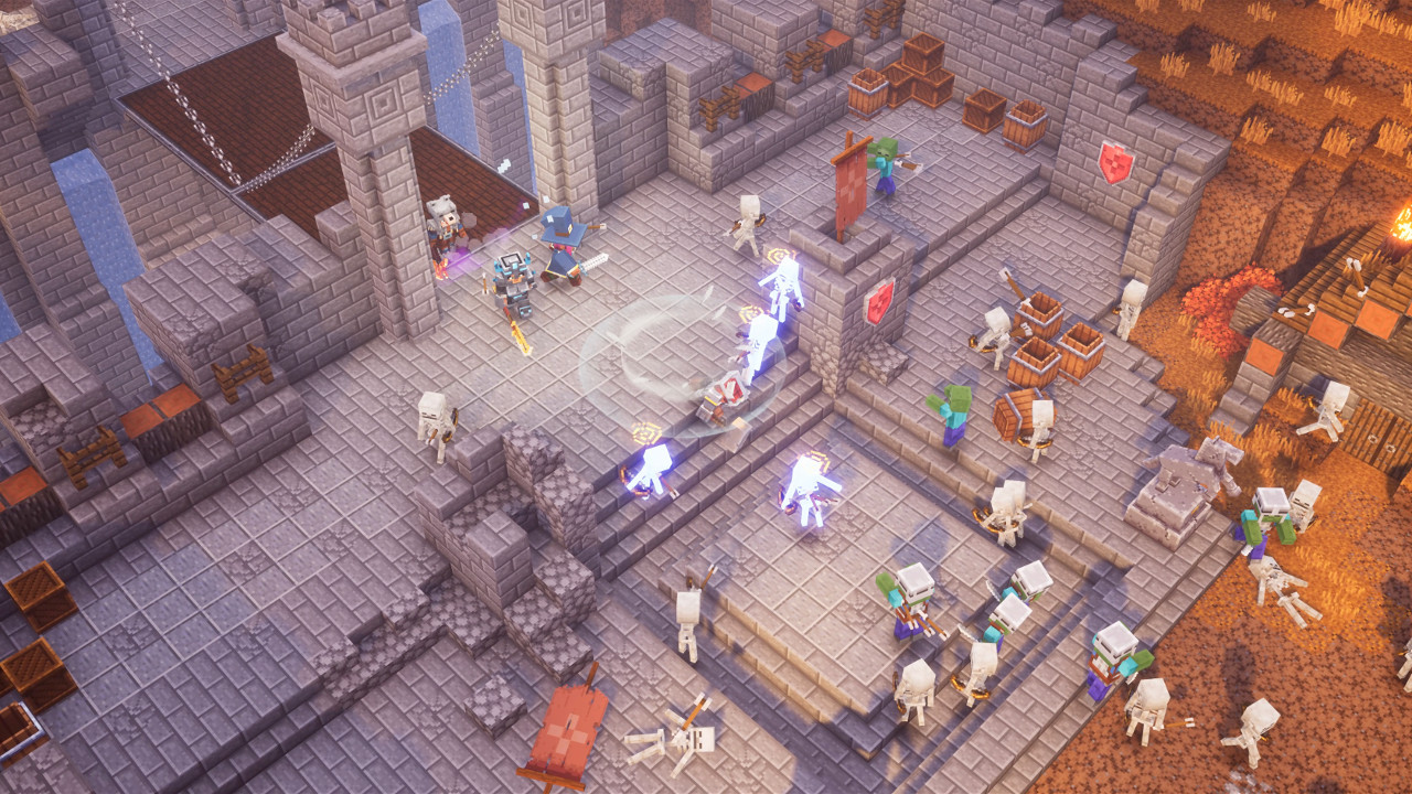 A swarm of skeletons approach a team of players.